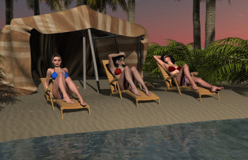 Картинка 3д+графика люди+ people шезлонги море фон взгляд девушки