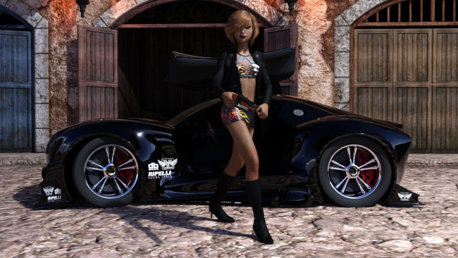 Обои картинки фото автомобили, 3d car&girl, автомобиль, фон, взгляд, девушка