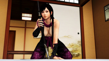 обоя 3д графика, люди , people, ниндзя, девушка, оружие, взгляд, фон