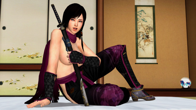 Обои картинки фото 3д графика, люди , people, взгляд, девушка, ниндзя, оружие, фон