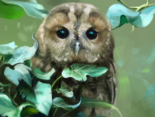 Картинка рисованное животные +птицы +совы +филины листья