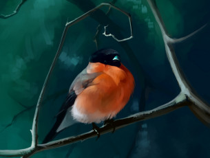 Картинка рисованное животные +птицы ветки снегирь