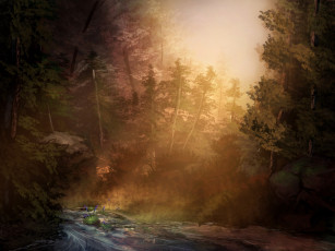 Картинка рисованное природа водоем деревья