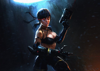 Картинка рисованное комиксы взгляд фон девушка оружие