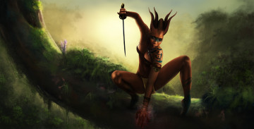 Картинка фэнтези существа девушка фон взгляд меч