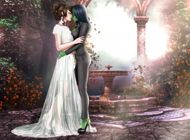 Обои картинки фото рисованное, комиксы, фон, поцелуй, девушки