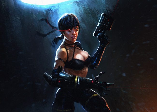 Обои картинки фото рисованное, комиксы, взгляд, фон, девушка, оружие