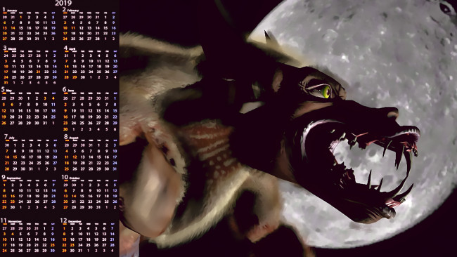 Обои картинки фото календари, 3д-графика, 2019, луна, calendar, существо, монстр