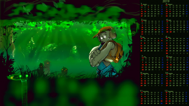 Обои картинки фото календари, фэнтези, 2019, calendar, рюкзак, наушники, существо