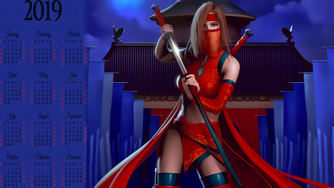 Обои картинки фото календари, фэнтези, оружие, девушка, крыша, строение, calendar, 2019