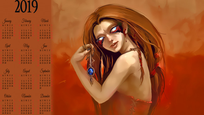 Обои картинки фото календари, фэнтези, существо, 2019, calendar, девушка, амулет