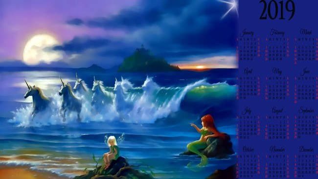 Обои картинки фото календари, фэнтези, водоем, calendar, конь, лошадь, русалка, единорог, 2019