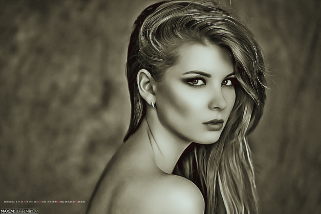 Обои картинки фото календари, компьютерный дизайн, девушка, лицо, взгляд, женщина, calendar, 2019