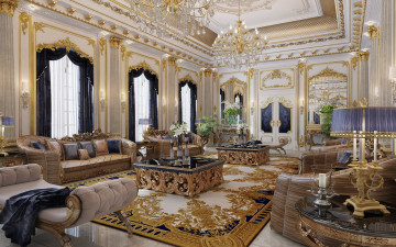 Картинка интерьер гостиная люстры диваны ковер