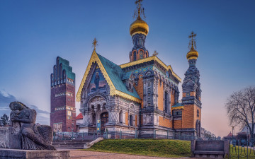 Картинка города -+православные+церкви +монастыри часовня святой марии магдалины дармштадт свадебная башня вечер закат православие церковь германия