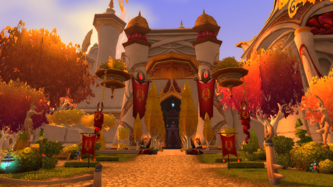 Обои картинки фото видео игры, world of warcraft, дворец, деревья, флаги