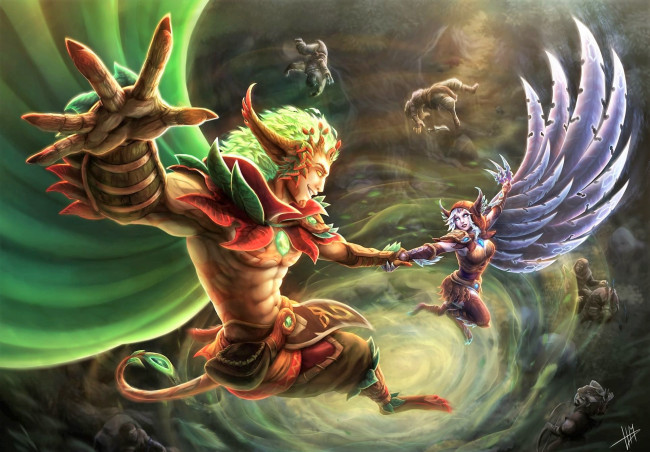 Обои картинки фото видео игры, league of legends, rakan, xayah, крылья, омут