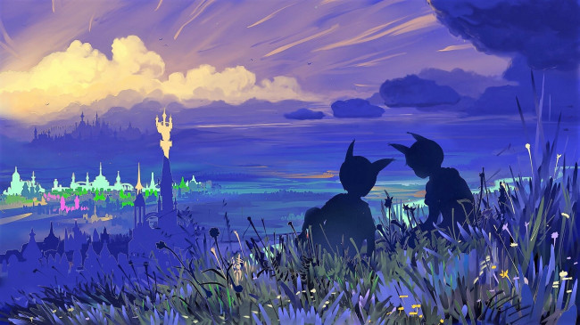 Обои картинки фото фэнтези, иные миры,  иные времена, дети, ушки, трава, город