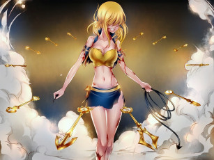 обоя аниме, fairy tail, девушка, аркан, топ, ключи, облака, юбка