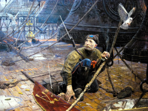 обоя рисованное, павел рыженко, козак, красноармеец, флаг, церковь, колокола, голуби