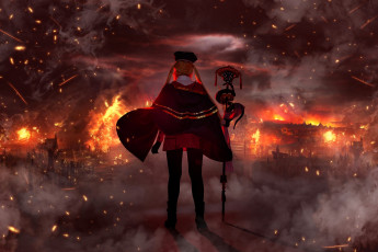 Картинка девушки mari+aisu образ костюм косплей наряд посох искры огонь город пожар