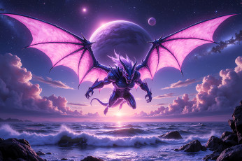 обоя фэнтези, демоны, демон, крылья, полет, планеты, облака, море, берег
