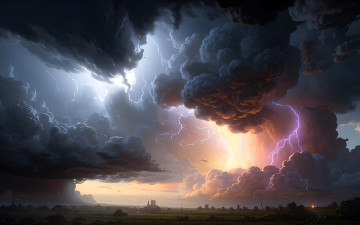 обоя рисованное, природа, тучи, небо, деревья, поля, строения, молния