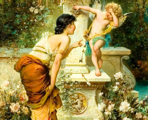 Обои картинки фото рисованное, hans zatzka, женщина, купидон, стрелы, фонтан, цветы