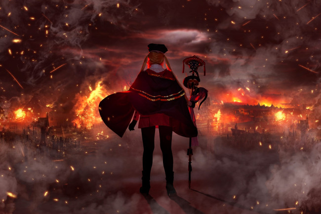 Обои картинки фото девушки, mari aisu, образ, костюм, косплей, наряд, посох, искры, огонь, город, пожар