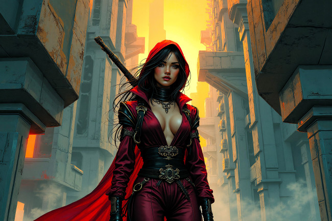 Обои картинки фото фэнтези, девушки, девушка, плащ, оружие, город, здания