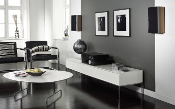 Картинка 3д графика realism реализм диски столик дизайн картины кресла интерьер