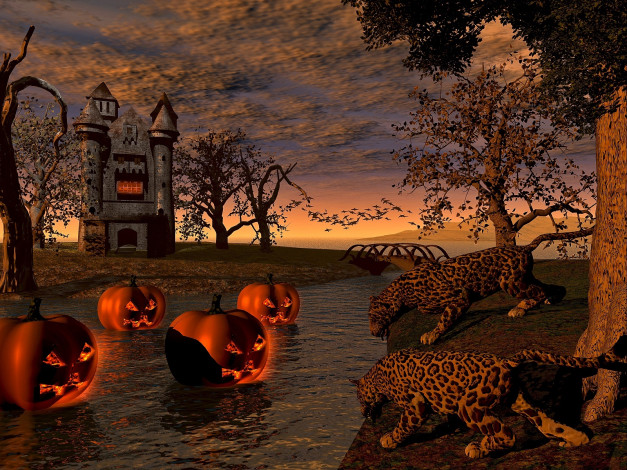 Обои картинки фото 3д, графика, holidays, праздники, замок, тыквы, тигры, река, деревья