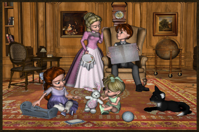 Обои картинки фото 3д, графика, people, люди, дети, кот, комната, мать