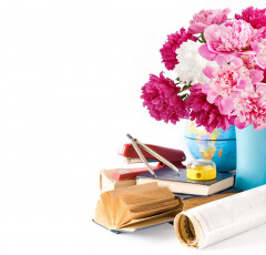 обоя праздничные, день, знаний, букет, книги, глобус, точилка, пионы, циркуль