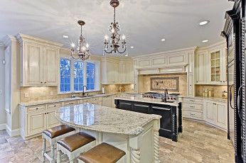 Картинка интерьер кухня мебель люстры