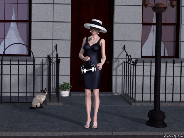 Обои картинки фото 3д, графика, people, люди, сумочка, кот, шляпа, девушка