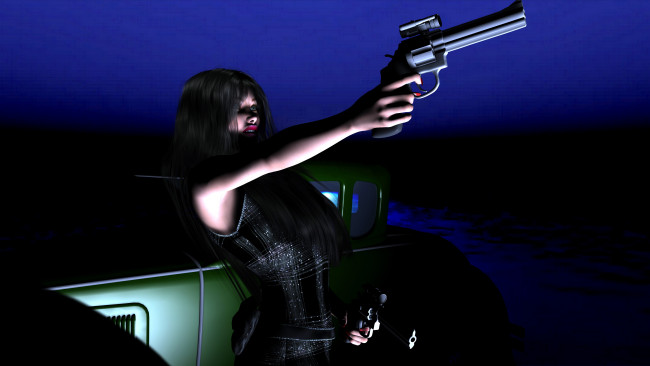 Обои картинки фото 3д, графика, people, люди, девушка, оружие, автомобиль