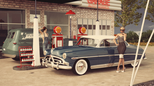 Обои картинки фото автомобили, 3д, заправка, девушки