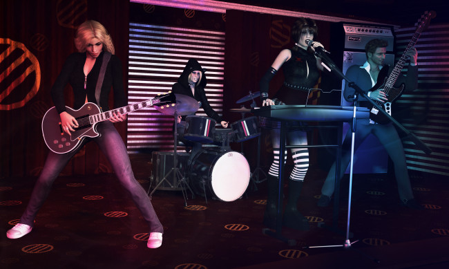 Обои картинки фото 3д, графика, people, люди, сцена, музыкальные, инструменты, група