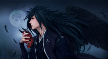 Картинка аниме naruto маска парен uchiha madara крылья перья ночь zetsuai89 art луна наруто