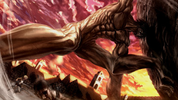 Картинка аниме shingeki+no+kyojin eren jaeger титан атака титанов арт armin arlert камень закат mikasa ackerman