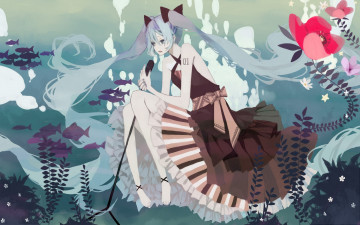 Картинка аниме vocaloid бант платье цветы рыбы микрофон девушка hatsune miku вода водоросли пузыри