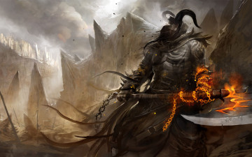 Картинка фэнтези демоны рога цепи горы кастаника