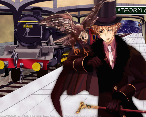 Обои картинки фото stray love hearts, аниме, *unknown , другое, ninomiya, kito, парень, шляпа, арт, stray, love, hearts, поезд, трость, птица