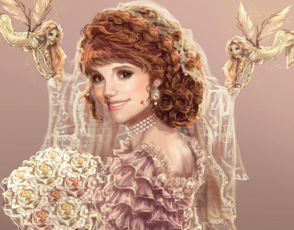 Обои картинки фото рисованные, люди, платье, взгляд, букет, невеста, sillselly, улыбка, девушка