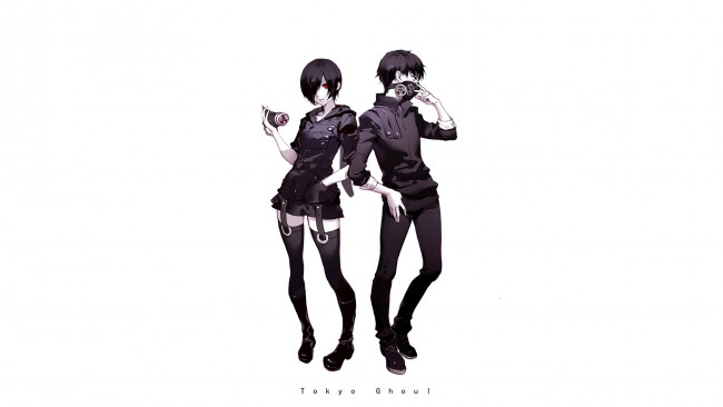 Обои картинки фото аниме, tokyo ghoul, kaneki, ken, белый, фон, арт, kirishima, touka, токийский, гуль, парень, девушка