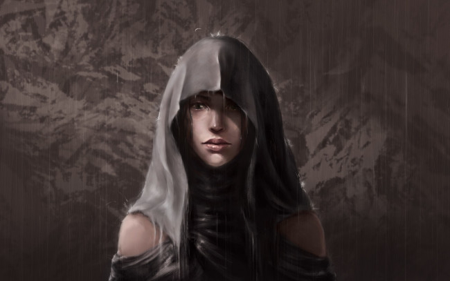 Обои картинки фото рисованные, люди, взгляд, арт, девушка, дождь, капюшон