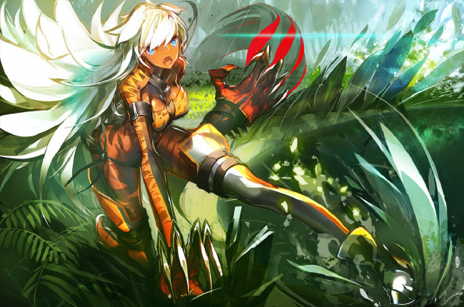 Обои картинки фото by panamaman, аниме, -weapon,  blood & technology, зелень, когти, девушка