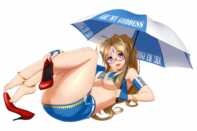 Обои картинки фото аниме, ah,  my goddess, туфли, зонт, белый, фон, арт, девушка