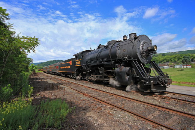 Обои картинки фото техника, паровозы, рельсы, дорога, железная, паровоз, вагоны